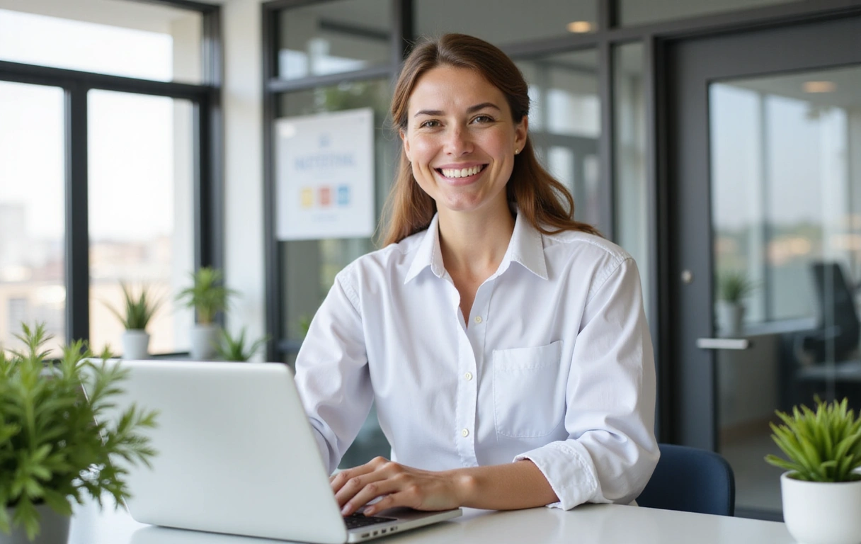 Nutrizionista professionista sorridente in un ambiente ufficio luminoso e pulito