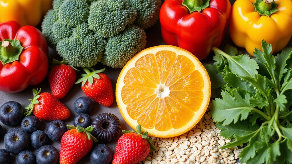 Composizione vivace di cibi sani con frutta fresca, verdure e cereali